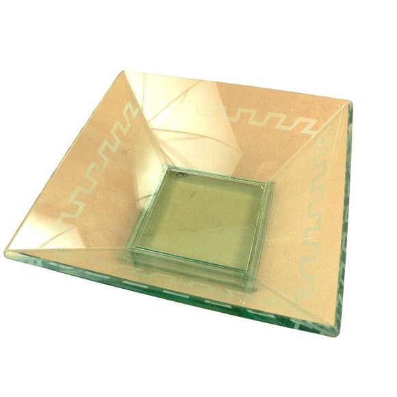 Bowl Glass Square Studio Silversmiths Etched Roman Design Border Green - Picture 3 of 9